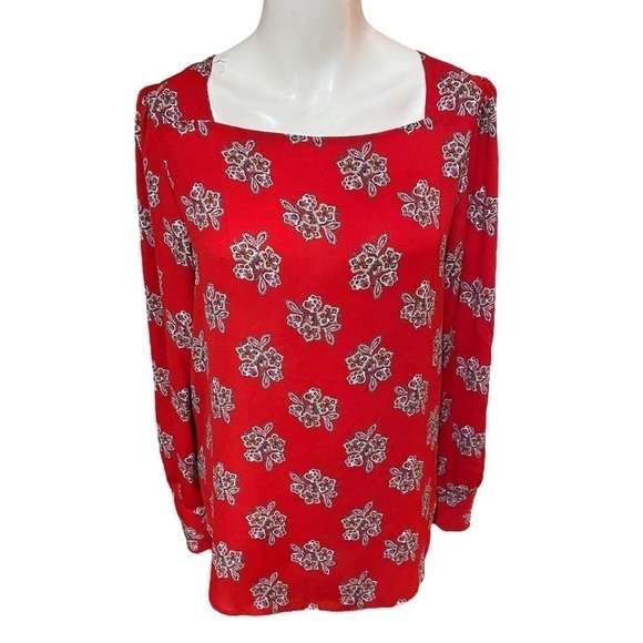 Loft Red Floral Lightweight Long Sleeve Top Size S Blouse - Picture 1 of 7